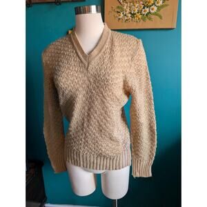 Vintage 70s V neck Open Knit Sweater in tan beige size medium retro academia